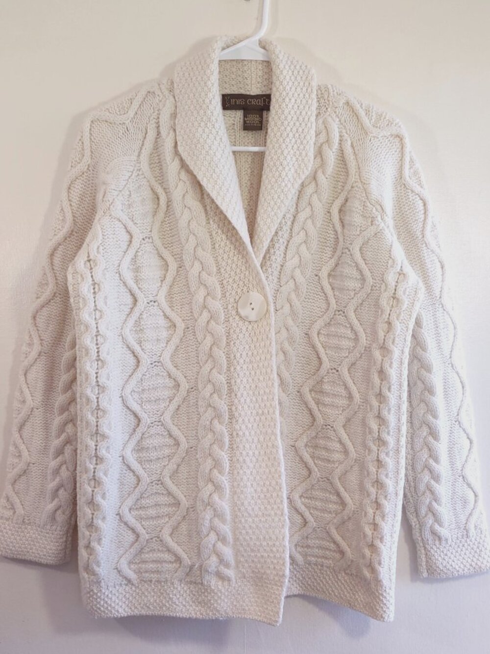 Inis Crafts Ireland 100% Merino Cardigan Medium/Large Cable Knit Textured Cream